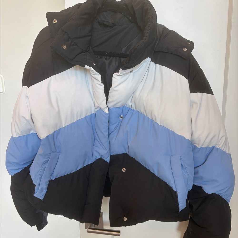 Topshop Black, White & Light Blue Colorblock Puffer Jacket